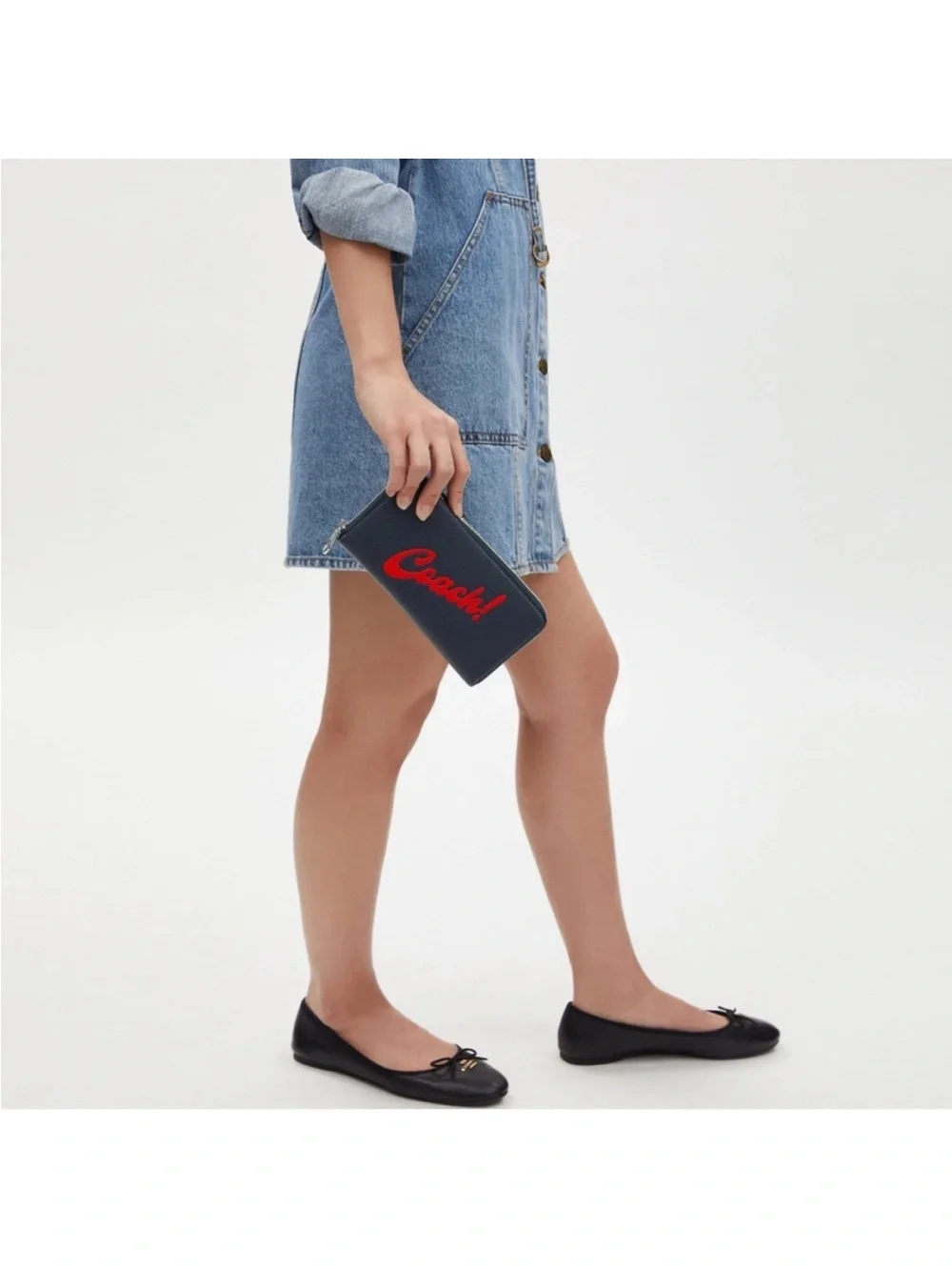 Coach Navy Leather Zip Wallet with Red Script Logo